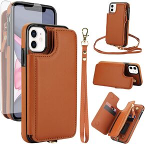 Asuwish Phone Case for iPhone 11 Pro Max 6.5 Zipper Wallet Cover with Tempered Glass Screen Protector and Wrist Strap RFID Blocking Credit Card Holder Cell iPhone11 11pro Promax i XI Plus Women Brown