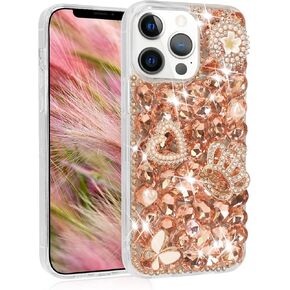 Losin Compatible with iPhone 15 Pro Max Bling Diamond Case Fashion Luxury Glitter Shiny Crystal Rhinestones Case Sparkling 3D Heart Crown Flower and Butterfly Gemstone Case for Women Girls, Rose Gold