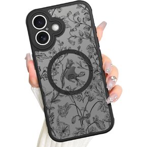 AIGOMARA Magnetic for iPhone 16 Case, Compatible with Magsafe Cute Black Sage Flower Floral Pattern with Screen Protector Matte Translucent Camera Protection Phone Case for Women Girls