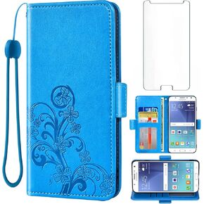 Compatible with Samsung Galaxy J7 2015/J7 Neo/J7 Nxt/J7 Core/7J Duos Wallet Case Tempered Glass Screen Protector Flip Wrist Strap Card Holder Cell Phone Cover for SM J700 J700P J700T J00T1 J700M Blue