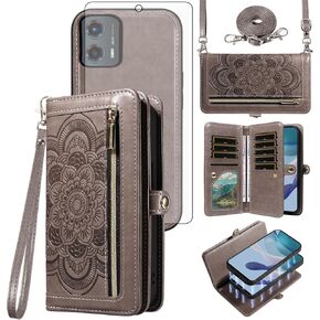 Asuwish Phone Case for Motorola Moto G 5G 2023 Zipper Wallet Magnetic Detachable Cell Cover with Tempered Glass Screen Protector Crossbody Strap Mandala Flower Credit Card Holder G5G 5 G G5 Women Gray