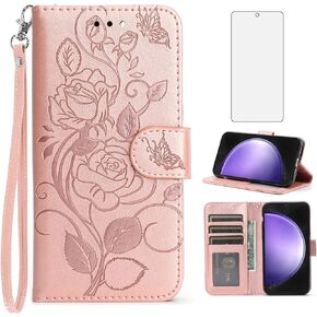 Asuwish Phone Case for Samsung Galaxy S23 FE 5G with Tempered Glass Screen Protector Cover and Wrist Strap Card Holder Slot Stand Cell Accessories Flip Wallet S 23 EF S23FE 23S Fan Women Men Rose Gold