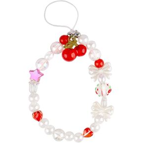 Cute Cherry Phone Charm Bow Cherry Pearl Phone Chain Phone Wrist Strap for Phone Case Handmade Beaded Lanyard Phone Charms Strap Camera Phone Wristlet Keychain Cell Phone Lanyards for Women Bag Charms