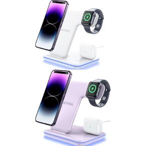 Intoval Charging Station for Apple iPhone/iWatch/Airpods, 3 in 1 Wireless Charger for iPhone 14/13/12/11/XS/XR/XS/X/8, iWatch 8/Ultra/7/6/SE/5/4/3/2, Airpods Pro2/Pro1/3/2/1 (White+Lilac Purple)