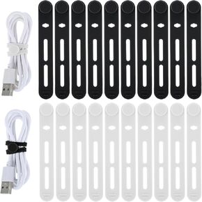 20 Pcs Silicone Cable Ties, Adjustable Silicone Cable Straps Wire Organizer Reusable Cord Organizer Cable Management Multipurpose Elastic Cable Organizer, Travel Cord Organizer Essentials, Black&White