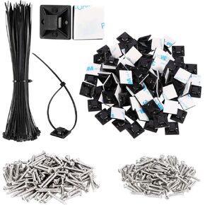 100PCS Adhesive Zip Tie Mounts 3/4" Black Cable Tie Mounts with 100PCS 8‘’ Zip Ties, Sticky Wire Fasteners Cable Tie Anchors for Home Office Wire Management