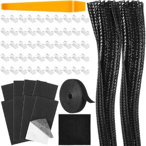 63 Pcs Dash Cam Cable Management Kit 50 Pcs Clips 40" Cable Sleeves 16.4 ft Reusable Cable Ties 8 Pcs Adhesive Foam Sheets Premium Cleaning Cloth Auto Trim Tool, Vehicle Wire Organizer