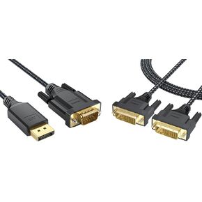 DisplayPort to VGA Cable 6ft Bundle DVI Cable 6ft Male to Male Braided Cord for Monitor Desktop Laptop Display Projector HDTV