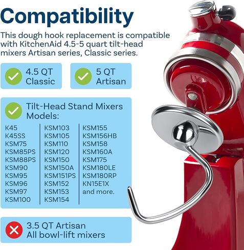 Stainless Steel Dough Hook K45DH for KitchenAid 4.5-5 Quart Tilt-Head Mixers – Kneading Bread Hook Attachment, Dishwasher Safe, Compatible with Artisan & Classic Series – by MMOBIEL in Saudi Arabia