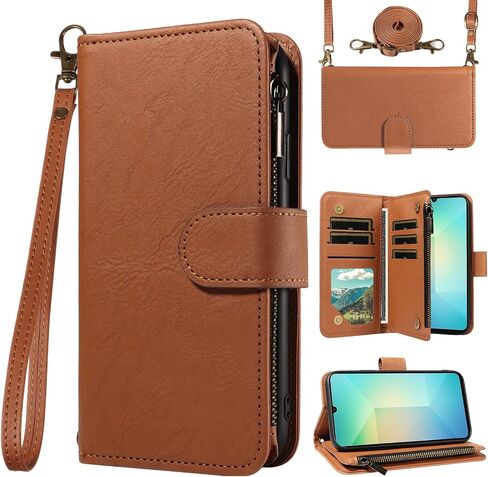 for Samsung Galaxy A06 5G Wallet Phone Case with Crossbody Lanyard Strap Faux Leather Card Holder Slot Stand Kickstand Men Women Flip Cell Cover for Ao6 A 06 4G LTE Brown in Saudi Arabia