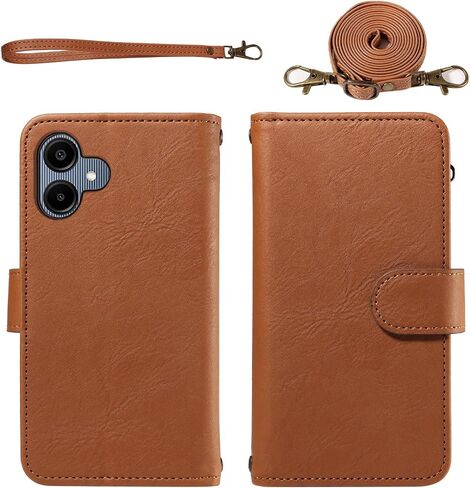 for Samsung Galaxy A06 5G Wallet Phone Case with Crossbody Lanyard Strap Faux Leather Card Holder Slot Stand Kickstand Men Women Flip Cell Cover for Ao6 A 06 4G LTE Brown in Saudi Arabia