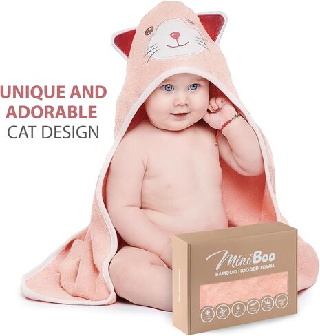 MINIBOO Organic Bamboo Hooded Baby Towel – Ultra Soft and Super Absorbent Baby Bath Towels for Newborns, Infants and Toddlers – Suitable as Baby Gifts in Kuwait