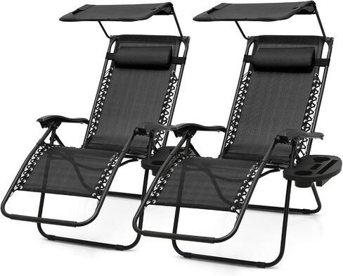 2 PCS صفر كراسي الثقل كراسي مع مظلة Sunshade قابلة للتعديل ، وصينية حامل الكأس وتصميم قابلة للطي للفناء والشاطئ والتخييم ، CAAP-BCC-B2P-BK in Saudi Arabia