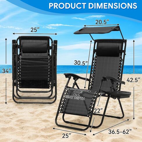 2 PCS صفر كراسي الثقل كراسي مع مظلة Sunshade قابلة للتعديل ، وصينية حامل الكأس وتصميم قابلة للطي للفناء والشاطئ والتخييم ، CAAP-BCC-B2P-BK in Saudi Arabia