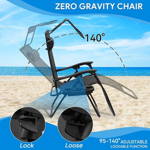 2 PCS صفر كراسي الثقل كراسي مع مظلة Sunshade قابلة للتعديل ، وصينية حامل الكأس وتصميم قابلة للطي للفناء والشاطئ والتخييم ، CAAP-BCC-B2P-BK in Saudi Arabia