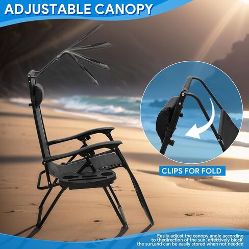 2 PCS صفر كراسي الثقل كراسي مع مظلة Sunshade قابلة للتعديل ، وصينية حامل الكأس وتصميم قابلة للطي للفناء والشاطئ والتخييم ، CAAP-BCC-B2P-BK in Saudi Arabia
