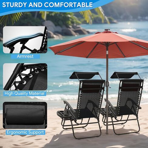 2 PCS صفر كراسي الثقل كراسي مع مظلة Sunshade قابلة للتعديل ، وصينية حامل الكأس وتصميم قابلة للطي للفناء والشاطئ والتخييم ، CAAP-BCC-B2P-BK in Saudi Arabia