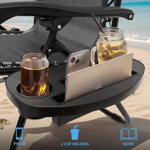 2 PCS صفر كراسي الثقل كراسي مع مظلة Sunshade قابلة للتعديل ، وصينية حامل الكأس وتصميم قابلة للطي للفناء والشاطئ والتخييم ، CAAP-BCC-B2P-BK in Saudi Arabia