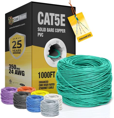 Lion Beam ™ Cat5e Ethernet Cable 1000ft-box ، 24AWG ، CMR Comper Solid Solid CoBper Cable 350 MHz ، يوفر سرعة عالية من 1 إلى 5 جيجا بايت في الثانية ، كابل إيثرنت بتكبير إيثرنت بكرات سريعة ، أبيض ، أبيض in Kuwait