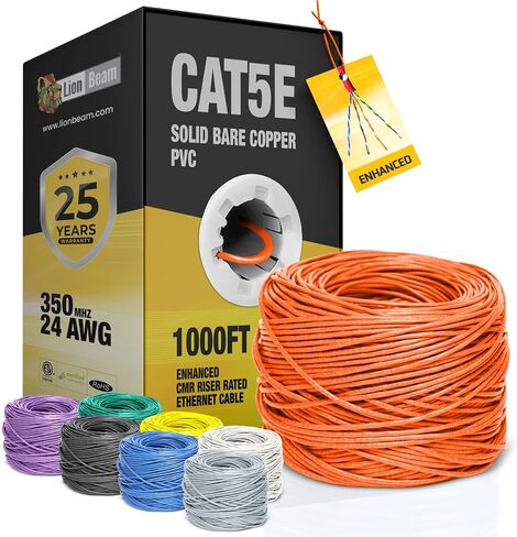 Lion Beam ™ Cat5e Ethernet Cable 1000ft-box ، 24AWG ، CMR Comper Solid Solid CoBper Cable 350 MHz ، يوفر سرعة عالية من 1 إلى 5 جيجا بايت في الثانية ، كابل إيثرنت بتكبير إيثرنت بكرات سريعة ، أبيض ، أبيض in Kuwait