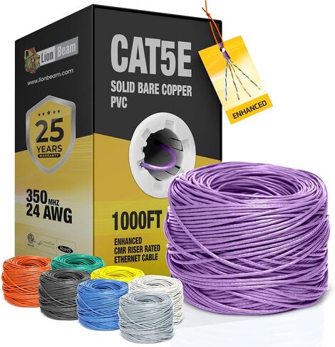 Lion Beam ™ Cat5e Ethernet Cable 1000ft-box ، 24AWG ، CMR Comper Solid Solid CoBper Cable 350 MHz ، يوفر سرعة عالية من 1 إلى 5 جيجا بايت في الثانية ، كابل إيثرنت بتكبير إيثرنت بكرات سريعة ، أبيض ، أبيض in Kuwait