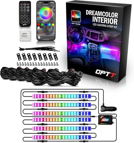 OPT7 Aura DreamColor RGBIC LED Car Interior Light Strips, 4PC Interior Ambient Lighting Kit, Color Chasing Light Kit w/APP Control & Wireless Remote, Universal for Vehicles SUV Trucks Pickups Van in Kuwait