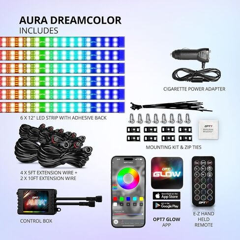OPT7 Aura DreamColor RGBIC LED Car Interior Light Strips, 4PC Interior Ambient Lighting Kit, Color Chasing Light Kit w/APP Control & Wireless Remote, Universal for Vehicles SUV Trucks Pickups Van in Kuwait