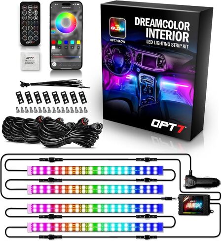 OPT7 Aura DreamColor RGBIC LED Car Interior Light Strips, 4PC Interior Ambient Lighting Kit, Color Chasing Light Kit w/APP Control & Wireless Remote, Universal for Vehicles SUV Trucks Pickups Van in Kuwait