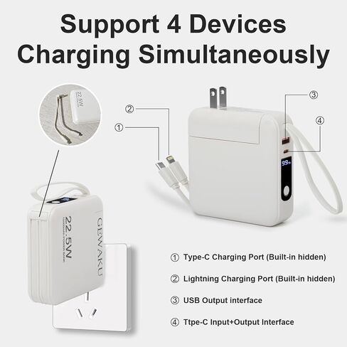 شاحن iPhone المحمول 15000 مللي أمبير في الساعة ، 22.5 واط شحن سريع بنك الطاقة المدمج في USB-C Cable & AC Sluge ، 3-in-1 حزمة البطارية المدمجة من أجل iPad ، Android ، Samsung (White) in Saudi Arabia