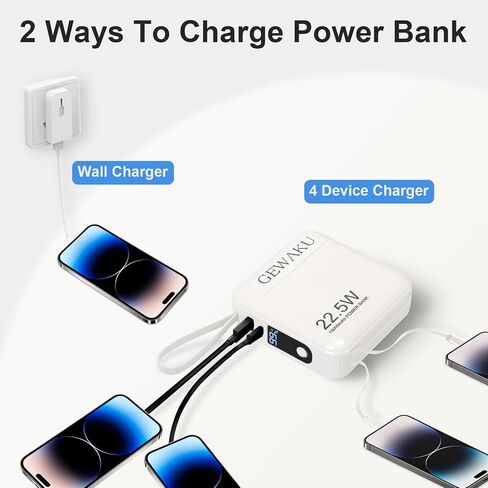 شاحن iPhone المحمول 15000 مللي أمبير في الساعة ، 22.5 واط شحن سريع بنك الطاقة المدمج في USB-C Cable & AC Sluge ، 3-in-1 حزمة البطارية المدمجة من أجل iPad ، Android ، Samsung (White) in Saudi Arabia