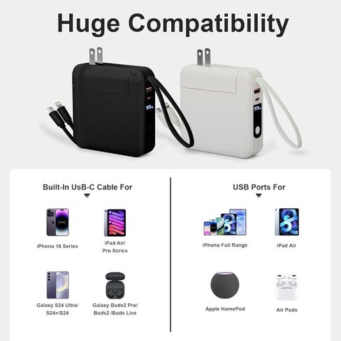 Portable iPhone Charger 15000mAh, 22.5W Fast Charging Power Bank Built-in USB-C Cable & AC Wall Plug, 3-in-1 Compact Battery Pack Travel Essentials for iPad, Android, Samsung (White) in Kuwait