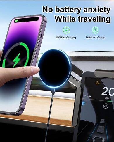 for Tesla Model Y/3/S/X/Cybertrunk 15W Phone Charger Holder [No Annoying Light], Charging Phone Mount for Magsafe, Aadapted to iPhone 12 to 16 Series, for Tesla Accessories with 1.5m C to C Cable in Saudi Arabia