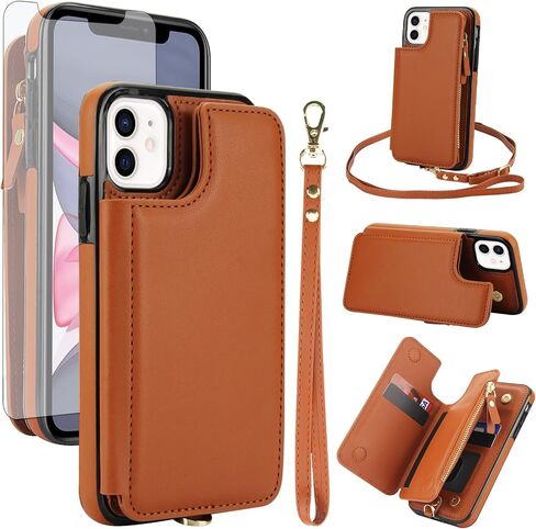 Asuwish Phone Case for iPhone 11 Pro Max 6.5 Zipper Wallet Cover with Tempered Glass Screen Protector and Wrist Strap RFID Blocking Credit Card Holder Cell iPhone11 11pro Promax i XI Plus Women Brown in Saudi Arabia