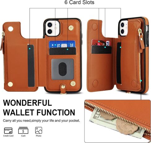 Asuwish Phone Case for iPhone 11 Pro Max 6.5 Zipper Wallet Cover with Tempered Glass Screen Protector and Wrist Strap RFID Blocking Credit Card Holder Cell iPhone11 11pro Promax i XI Plus Women Brown in Saudi Arabia