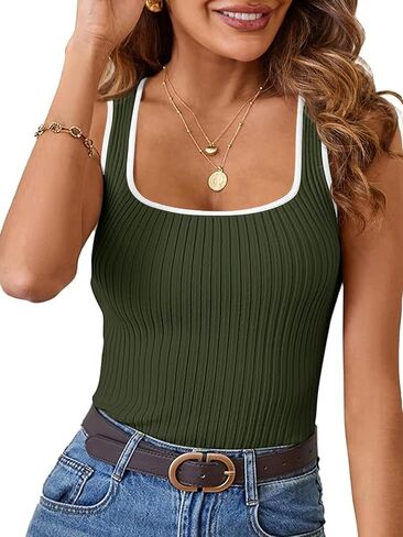 MEROKEETY Women's 2024 Sleeveless Ribbed Tank Tops Summer Square Neck Slim Fitted Color Block Basic Knit Tee Shirts in Saudi Arabia