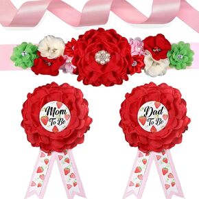 Strawberry Mom to Be Sash Daddy to Be Pins Baby Shower Decoration,Mommy to be Maternity Sash Belly Belt Gift for Gender Reveal Party Supplies Baby Shower Keepsake Gifts