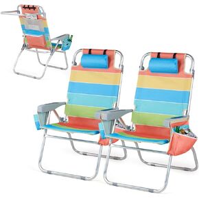 VINGLI Tall Beach Chair 2 Pack, with 5-Position, Cooler Bag, Cup Holders, Towel Bar, Lightweight Folding Beach Camping Chairs for Adults(Rainbow-16)