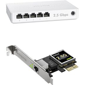 BrosTrend 5 Port 2.5GB Switch, 2.5 Gigabit Unmanaged Ethernet Switch, Fanless Plug & Play + 2.5Gb Network Card, PCIe Ethernet Card with Extra Low-Profile Bracket for Windows, Both Lifetime Protection