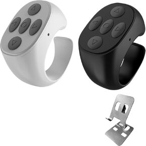 Scrolling Ring Remote for TikTok, Kindle, YouTube & Instagram – Bluetooth Finger Scroller for iPhone, Android – Page Turner Clicker & Fingertip Wireless Phone Control (B+W-Silver Bracket)
