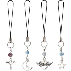 CRASPIRE 4pcs Glass Beads Cell Phone Charm Antique Silver Key Star Moon Heart Lock Key Chain Car Key Hanging Wallet Pendants Decor Accessories Gift Women Decoration