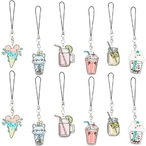 6 Pcs 6 Styles Drink Phone Charms, Acrylic String Cute Cat Phone Charms Strap Cartoon Phone Case Accessories for Cell Phone Decoration