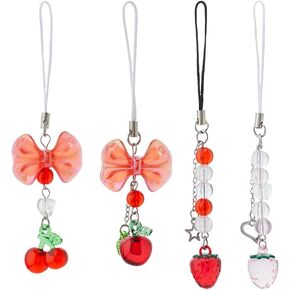 4pcs Cute Cell Phone Charms 4 Styles Acrylic Beads Mobile Straps With Nylon Rope Strawberry Cherry Phone Straps Charms Y2K Accessories for Phone Bag Keychain Camera Pendants Decor