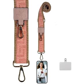 ORNA'S LEATHER ART UNISEX PINK PHONE STRAP: Adjustable Cotton & Leather Crossbody Lanyard, 63 by 1.5 Inch, 2 Buckle Adapters, 2 Carabiner Hangers, 1 Cellphone Attachment Pad