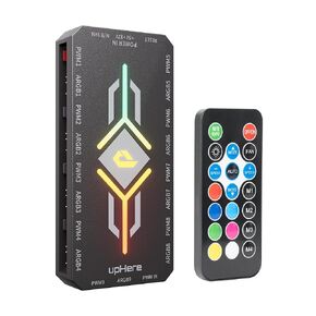 upHere PWM & 5V Addressable ARGB Magnetic Fan Hub –1 to 9-Port PC Case Splitter with Remote Control,SATA-Powered Cooling Hub for Custom RGB PC Builds,Black,P10PARGB BK