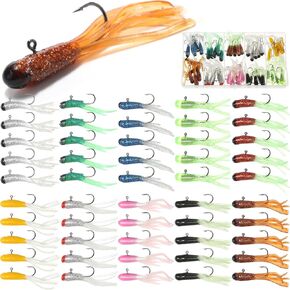 100 Pcs Tube Baits Kit Tube Fishing Crappie Lures Jigs Heads Soft Plastic Baits Bulk 50 Pre-Rigged Lures 50 Jig Heads for Fishing Bass Lake Trout Fresh Saltwater,2.2inch(5cm)