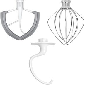 Accessories and Attachments for KitchenAid 5-6 Quart Bowl Lift Stand Mixers, Flex Edge Beater&K5ADH Dough Hook&Stainless Steel Wire Whip 3 PCS