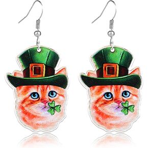 RLHRNDE أقراط عيد القديس باتريك للنساء والفتيات الأيرلندية شامروك الحيوان الكلب القط أقراط متدلية قبعة البرسيم الأخضر حدوة الحصان قطرة مهرجان أقراط هدية مجوهرات الحظ السعيد (قطة القديس باتريك) in Kuwait