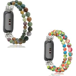 C&L Accessories Bracelets Compatible with Inspire 3 Bands for Women Beaded Wristband Natural Gemstone Replacement Straps for Inspire 3 (Colorful Imperial Stone+Indian Agate)