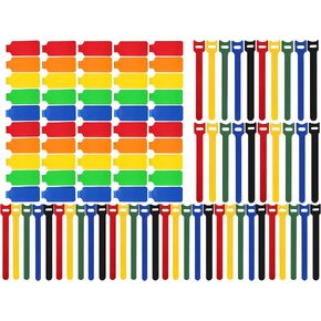 100 Pack Reusable Hook & Loop Cable Ties & Labels Kit - 50 Durable Cord/Wire Tags + 50 Self-Gripping Straps for Electronics Organizing, Home Office Cord Management (White & Black)