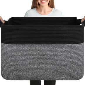 XXXL Large Blanket Basket, 108L Storage Basket, Cotton Rope Baskets for Living Room, Supre Large Toy Basket for Kids, Woven Basket for Clothes, Towels, Pillows, 25" x 16" x 16", Grey and White